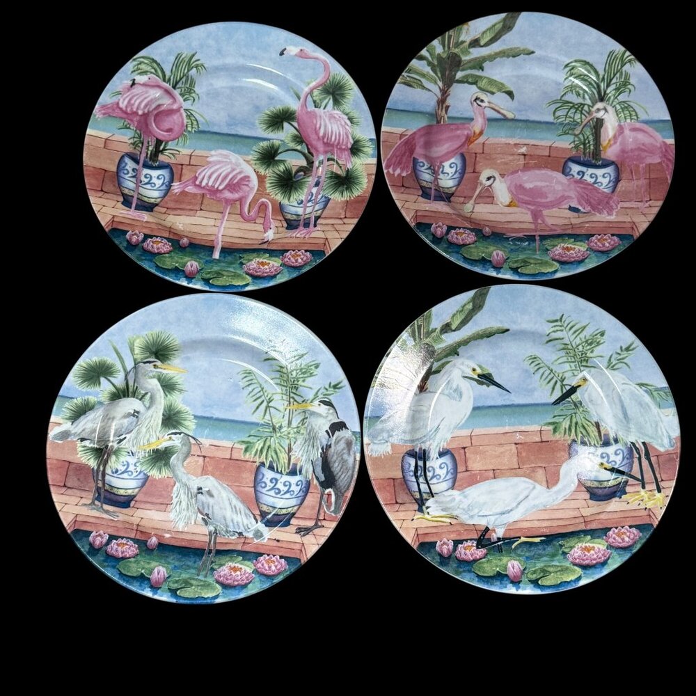 4 American Antelier Marsh Bird Tropical Themed Ceramic Plates 8.5" Diameter